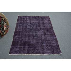 Modern Vintage Turkish Rug Purple 3.2 X 4.9ft Wool with Latex Backing Large Rectangle Patchwork Pattern for Living Room Hallway - Product Image 1