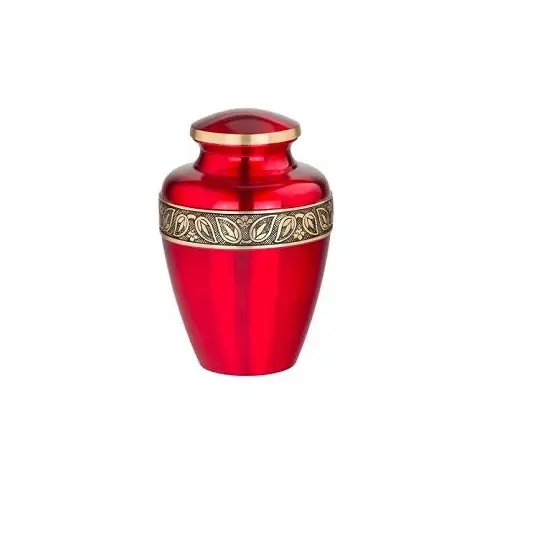 ルビー火葬壷の伝統光沢のある粉体塗装のモダンな売れ筋葬儀用品大人の記念葬儀花瓶金属壷