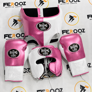 Ensemble de boxe personnalisé en cuir de vachette véritable rouge et blanc, avec casque réglable à lacets et protège-glande, thème « No Boxing No Life » - Product Image 4