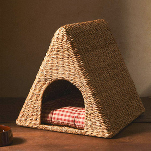 Wholesale Triangular Shape Cat Cave Seagrass Pet Basket Nest Natural Sleeping <b>Sofa</b> <b>Bed</b> with Cushion <b>for</b> Cats <b>Dogs</b> Pets - Product Image 6