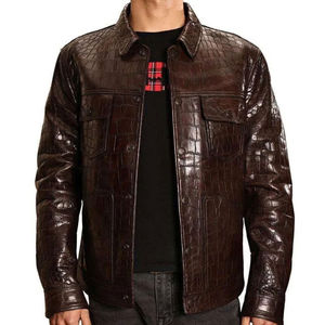 Dernière veste en cuir gaufré à col montant avec logo frontal, finition brillante, vente en gros, mode masculine, hiver, streetwear, personnalisable OEM - Product Image 3