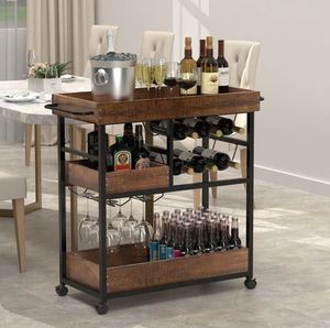 Unique Iron & Wood <b>Serving</b> Wine bar Cart for Home Catering Hotel Restaurant Kitchen Food <b>Serving</b> <b>Trolley</b> Wine & Glasses Holders - Product Image 3
