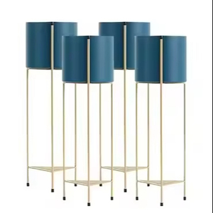 Lot de 4 pots de fleurs ronds à revêtement bleu avec support Pots de fleurs au sol fonctionnels pour la maison, le salon et la décoration de jardin - Product Image 1