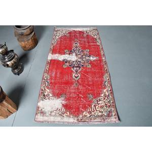 Tapis Vintage en Laine Patchwork 2.9x5.9ft Tissage Plat Turc Rouge Beige Tapis de Salon avec Support en Latex pour Décorations - Product Image 1