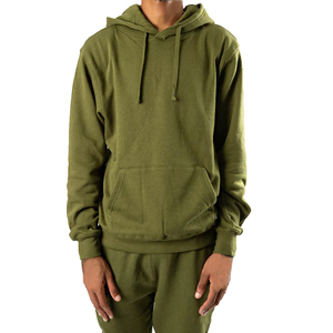 Men's Comfortable Cotton Heavyweight Pullover Hoodie in Olive Green With Front Pocket <b>Strings</b> Plain Dyed for Winter Season Sale! - Product Image 1