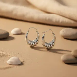 "925 <b>Silver</b> Ribbed <b>Hoop</b> Earrings for Women-Fashion Cuff Earrings" - Product Image 1