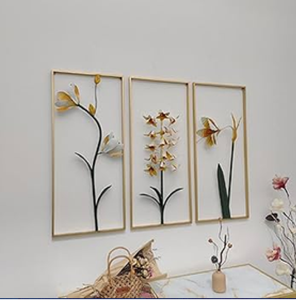 Art mural floral en métal à 3 panneaux avec fleurs, décor minimaliste à cadre vertical pour salon, couloir au prix de gros - Product Image 1