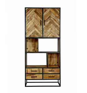 Estantería abierta industrial de madera maciza negra natural, armario de 4 cajones, caja de 2 puertas, Estantes abiertos altos, comedor, sala de estar, hierro y Metal - Product Image 1