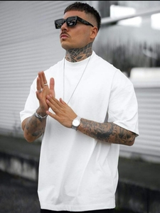 เสื้อยืดผ้าฝ้ายคอปกเข้ารูปสำหรับผู้ชายเสื้อยืดผ้าฝ้ายเนื้อหนาแบบกล่องขนาดใหญ่100คอปกเข้ารูปไหล่สีขาวแบบกำหนดเอง - Product Image 4