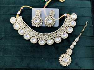 Venta caliente tradicional antiguo indio étnico sombra piedra fino chapado en oro circón pendientes conjunto de joyería para boda de mujer - Product Image 3