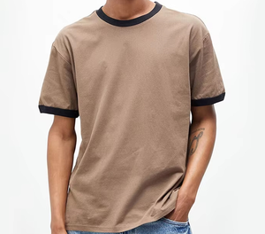 Camiseta con ribete en contraste de cuello redondo de algodón 100% para hombre, camisetas con timbre liso para serigrafía - Product Image 1