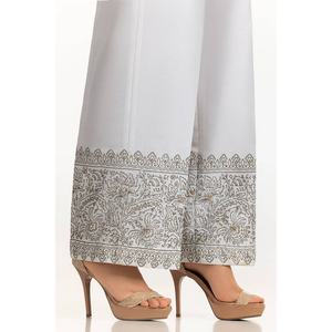 Pantalon large blanc 100% soie brute imprimé au bloc TR-24-23 taille haute respirant avec broderie décorative en tissu satiné - Product Image 1