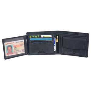 Portefeuille pour homme en cuir véritable à trois volets avec fenêtre d'identité, poche à monnaie zippée, plusieurs emplacements pour cartes - Product Image 6