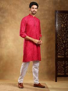 NAVRANG Vintage Pink Cotton Leheriya Kurta Set para hombres Étnicamente Seda Chikankari Motivos para bodas Fiestas Playas Diwali - Product Image 4