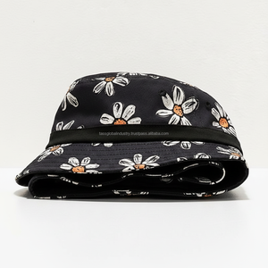 Chapeau Bob Unisexe Noir à Imprimé Marguerites en Coton, Casquette de Pêcheur Florale pour l'Été, Protection Solaire Extérieure, Tendance, Pliable, Plage - Product Image 2