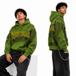 Sweat à capuche oversize personnalisé effet vieilli en molleton épais patchwork streetwear à épaules tombantes - Product Image 5