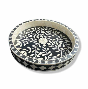 Plateau rond en incrustation d'os fait à la main Incrustation d'os moderne Antique servant un plateau de service à motif floral moderne par l'artisanat en croissant - Product Image 4