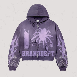 Sudadera Personalizada de Alta Calidad con Estampado de Grafiti y Pedrería, Estilo Vintage, Lavado Desgastado, 100% Algodón Ecológico para Hombre - Product Image 5