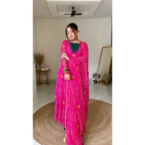 Conjunto de Traje Tradicional Chino Lilah Rani Bandhej de Seda Chifón Rosa - Product Image 4