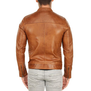 Stylish Men's Slim Fit Orange Leather Jacket Front Logo Stand Hooded <b>Long</b> <b>Canvas</b> Waterproof Outdoor Motorcycle Fashion Design - Product Image 2