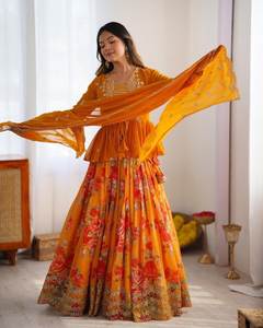 Traje de Novia de Georgette Sintética con Estampado Digital, Lehenga Koti con Choli y Dupatta con Bordado de Hilo y Lentejuelas - Product Image 2