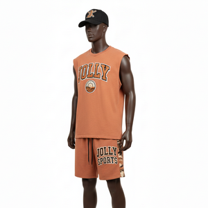 Men <b>Sleeveless</b> <b>T</b> <b>Shirt</b> Short Set Knit Cotton Blend Soft Feel Contrast Panel Custom Logo Men <b>Sleeveless</b> <b>shirt</b> and Shorts Set - Product Image 4