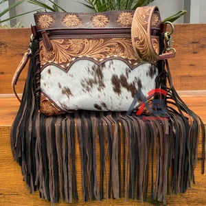 Bolso bandolera de cuero con flecos y flecos de cuero occidental para mujer, bolso de mano de cuero de vaca genuino para mujer - Product Image 1