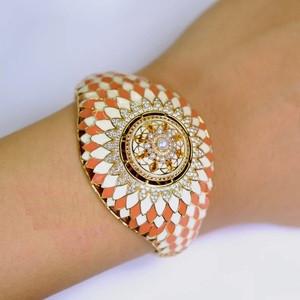 Sólido 18K oro amarillo Vintage mujer Lalique Sun Burst esmalte diamante zafiro brazalete Moissanite diamante pulsera - Product Image 4