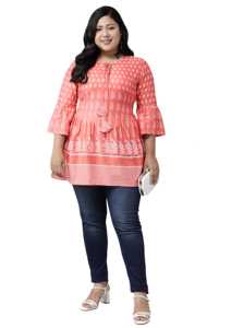 Peach floral printed rayon short kurti for women and girls with keyhole neck & <b>bell</b> <b>sleeves</b> designed for comfortable daily wear - Product Image 6