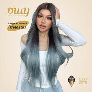 Celeste-DWY 136 for Ombre Light <b>Blue</b> Brown Wavy Synthetic Lace Front <b>Wig</b> with Transparent Lace Free Part - Product Image 1