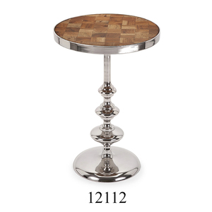 Table ronde en aluminium poli brillant avec plateau en bois Table d'appoint à plateau design fantaisie pour la décoration de la maison et du bureau - Product Image 1