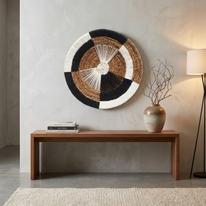 Panier mural en macramé en écorce de bananier naturelle, plateau rond peu profond à blocs de couleur abstraits, décoration artistique pure pour la mise en scène de la pièce, artisanat bohème - Product Image 5