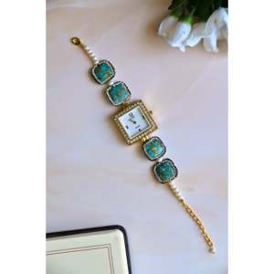 Reloj de esfera cuadrada de lujo para mujer con cuentas de piedras preciosas turquesa, cadena de perlas, reloj de pulsera elegante para regalo y ropa de moda - Product Image 2