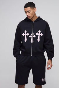 Ropa de calle Pantalones cortos de verano y conjuntos de sudadera con cremallera Logotipo de serigrafía 100% algodón de gran tamaño Heavyweight Twin Set para hombres - Product Image 3