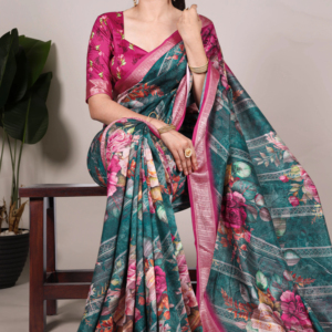 Saree de seda Tasar estampado de colección exclusiva con borde de viscosa y blusa sin costuras coordinada - Product Image 1
