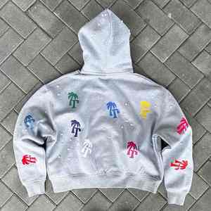 Sweats à capuche pour hommes Ensemble pantalon de survêtement et sweat à capuche en strass 100% coton Ensemble délavé à l'acide Survêtement lourd surdimensionné à fermeture éclair complète pour hommes - Product Image 4