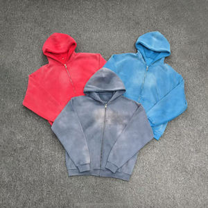 Custom Black Vintage Wash <b>Fleece</b> Hoodie <b>Jacket</b> Unisex Winter Solid 100% Cotton Boxy Style Anti-Pilling Drop Shoulder Acid Washed - Product Image 1