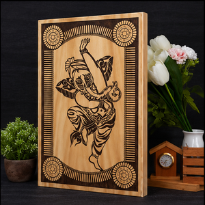 Art mural traditionnel en bois de manguier écologique avec motif gravé de Ganesha, décoration rectangulaire pour la maison, salon, Diwali - Product Image 4