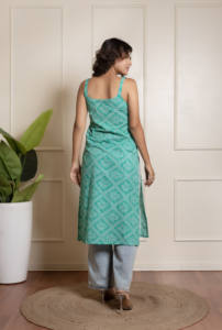 Rang malhar bandhej ชุด kurta ผ้าฝ้ายพิมพ์ลายสำหรับผู้หญิงสีฟ้านกเป็ดน้ำพร้อมสายคล้องไหล่สไตล์ปาร์ตี้สบายๆ - Product Image 4