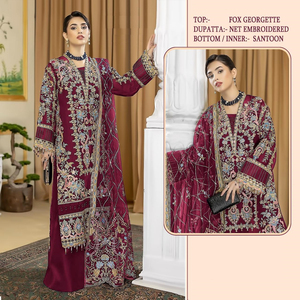 Nouveau costume pakistanais de georgette de renard lourd avec la collection semi-cousue de travail de séquence de broderie - Product Image 3