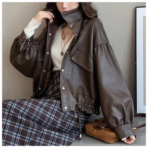 Chaqueta de cuero de invierno para hombre 2024 Logo nuevo cuello Henry regular suelto estilo Vintage cierre de cremallera impermeable posición frontal - Product Image 3