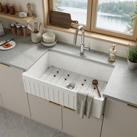 Évier de cuisine 33 pouces en porcelaine blanche, style ferme, à rebord, en argile réfractaire cannelée, cuve profonde
