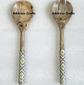 Handcrafted Resin Handle & Wooden Salad <b>Serving</b> <b>Spoon</b> Fork Set Eco Friendly Salad Server Cutlery Set Kitchen Use Dishwasher Safe - Product Image 4