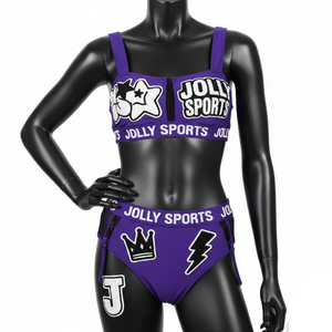 Ensemble de bikini pour femmes, 180 GSM, polyester, élasthanne, extensible, panneau en maille violette, patch en chenille, logo personnalisé, bikinis pour femmes - Product Image 6