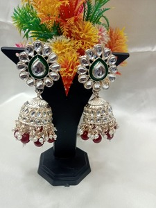 Trending Fancy Collection Rose Silver-Plated Kundan Bridal Choker <b>Necklace</b> <b>Set</b> with Green Enamel & <b>Pearl</b> Drop Jhumka Earrings - Product Image 3