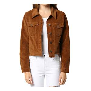 Women's Cropped Corduroy Trucker <b>Jacket</b> Hidden Satin Fabric Gold Brown Size M Autumn Season Bomber Style <b>Sequins</b> Custom - Product Image 1