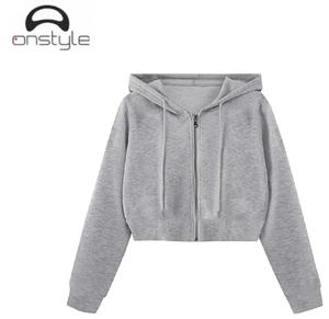 Onstyle Sudadera con capucha de estilo deportivo para mujer Técnica de lavado ácido con cremallera Recortada de manga larga Casual Ligero con capucha Top Streetwear - Product Image 4