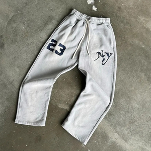 Venta caliente Unisex personalizado 100% algodón pantalones de chándal Puff estampado acampanados pantalones de chándal Vintage suelto medio transpirable lona para invierno - Product Image 5