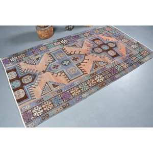 Auténtica alfombra turca Vintage 4,2X7,8 pies azul marrón Patchwork diseño hecho a mano lana látex respaldo ecológico pila mediana - Product Image 2