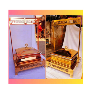 Juego de platos de frotamiento de acero inoxidable dorado con tapa colgante hidráulica Calentador de alimentos de diseño antiguo adornado para bodas y catering de hoteles - Product Image 4